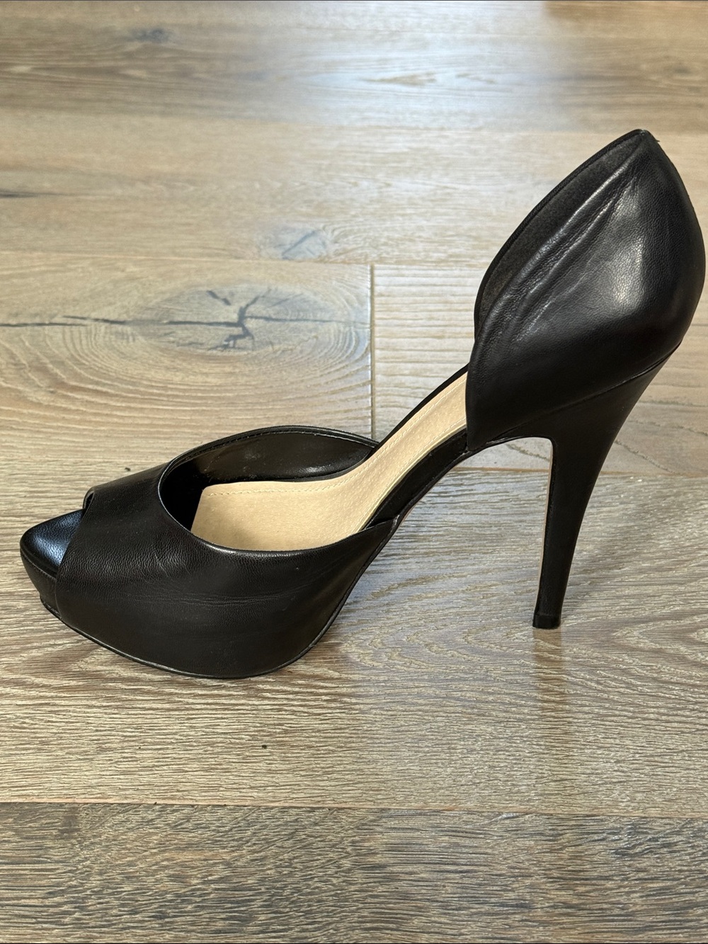 ALDO Black Faux Leather D'Orsay Round Peep-Toe 5” Stiletto Heels-39(8.5)